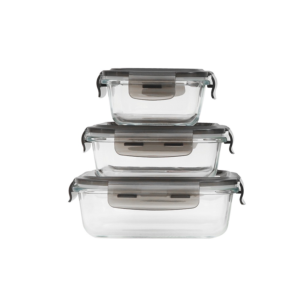 Ecolock Borosilicate Glass Food Storage Container Square & Rectangle Set (3 Pcs) - Larva Grey