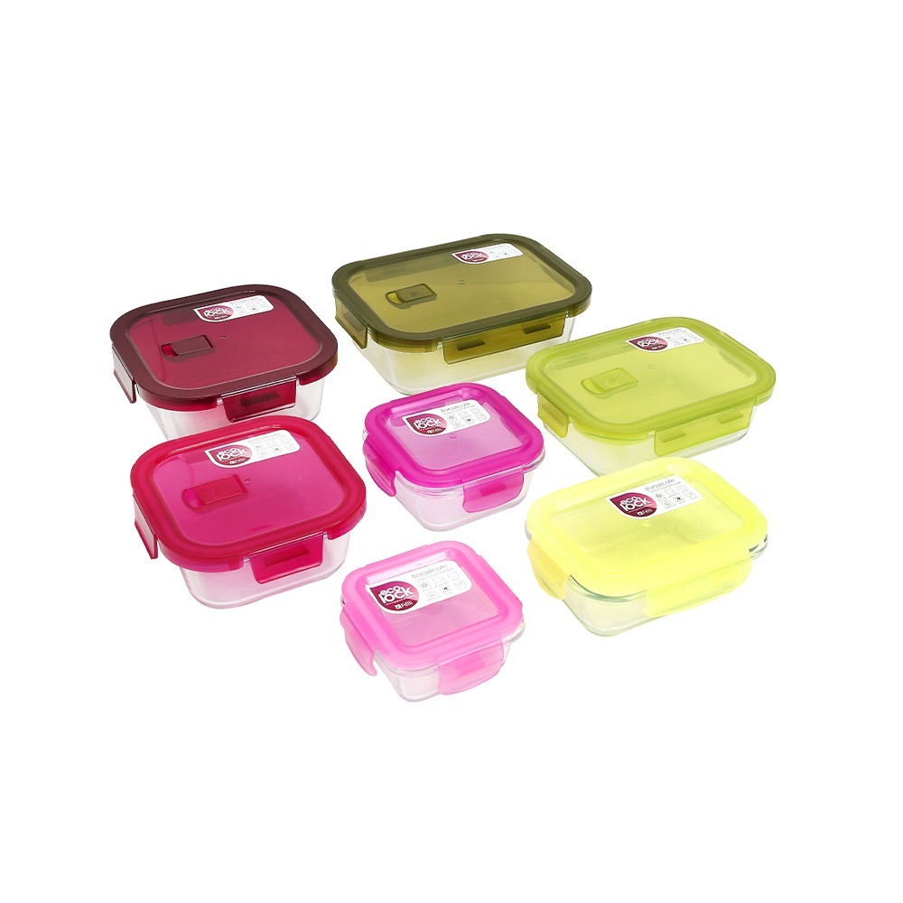 Ecolock Bundle Borosilicate Glass Food Storage Container Set (7 Pcs) - Cherry Pink + Emerald Green