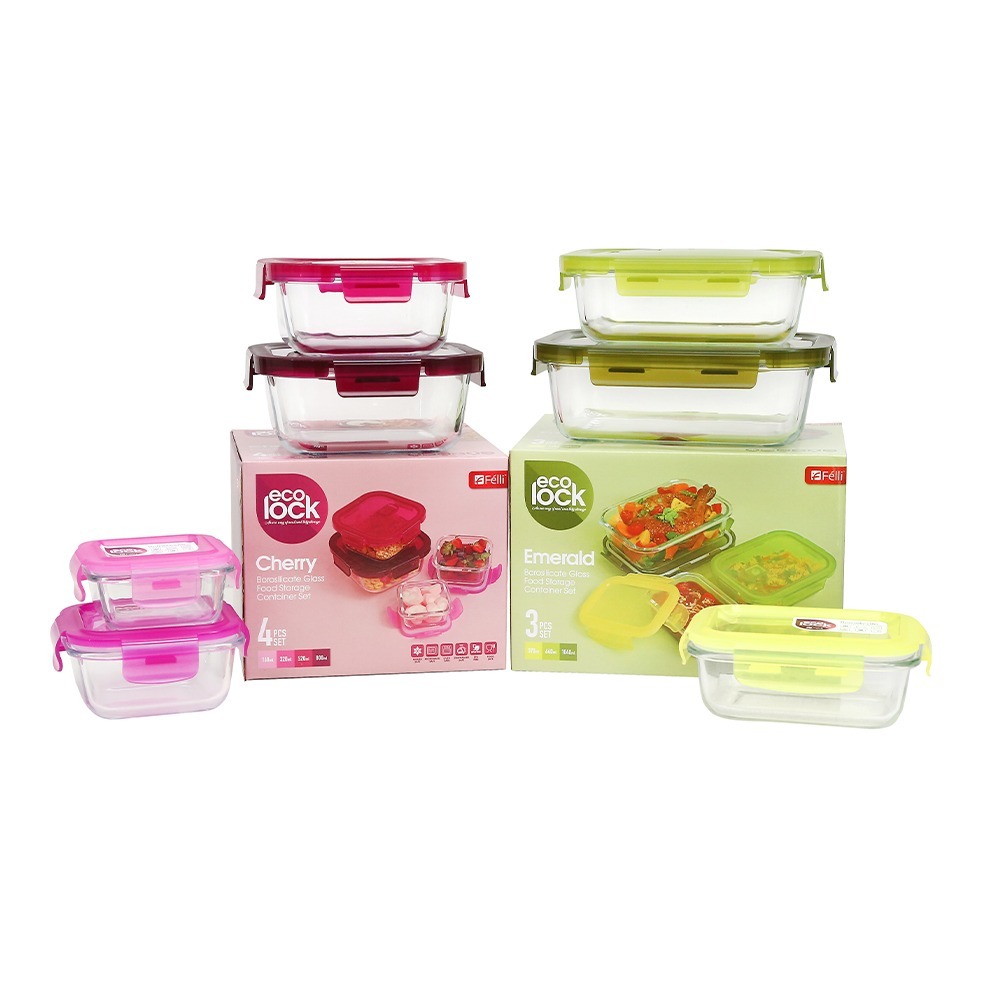 Ecolock Bundle Borosilicate Glass Food Storage Container Set (7 Pcs) - Cherry Pink + Emerald Green