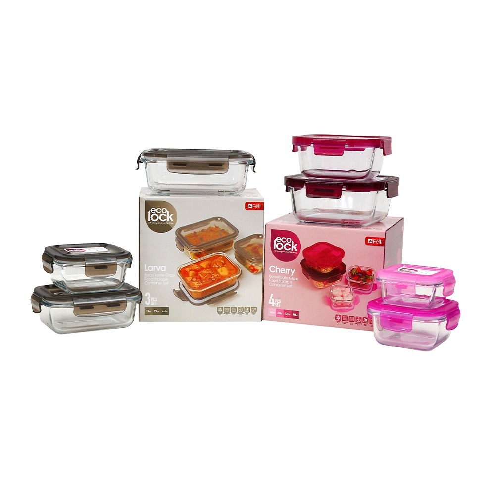 Ecolock Bundle Borosilicate Glass Food Storage Container Set (7 Pcs) - Cherry Pink + Larva Grey