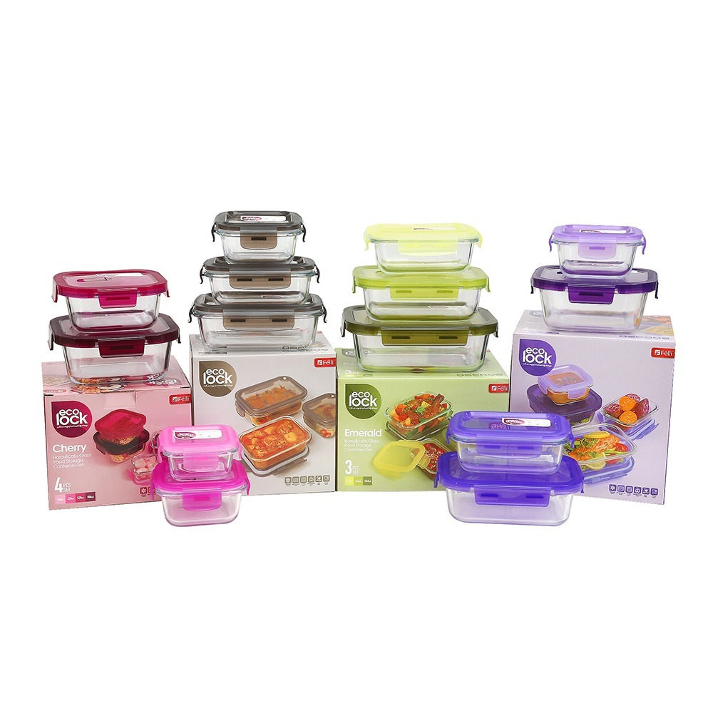 Ecolock Bundle Borosilicate Glass Food Storage Container Set (14 Pcs) - Cherry Pink + Emerald Green + Indigo Purple + Larva Grey