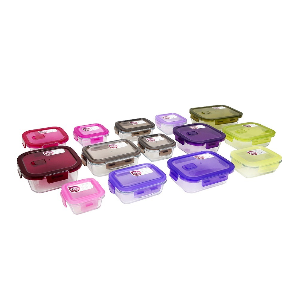 Ecolock Bundle Borosilicate Glass Food Storage Container Set (14 Pcs) - Cherry Pink + Emerald Green + Indigo Purple + Larva Grey