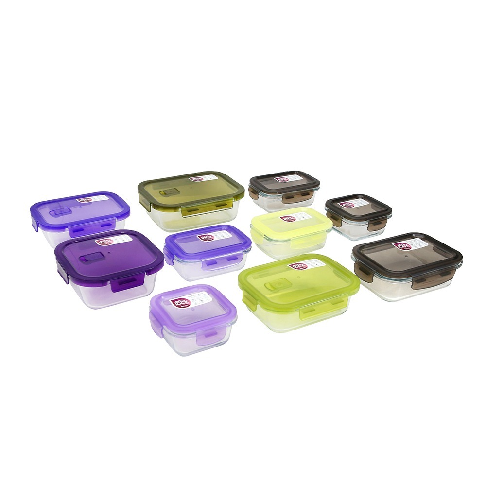 Ecolock Bundle Borosilicate Glass Food Storage Container Set (10 Pcs) - Emerald Green + Indigo Purple + Larva Grey