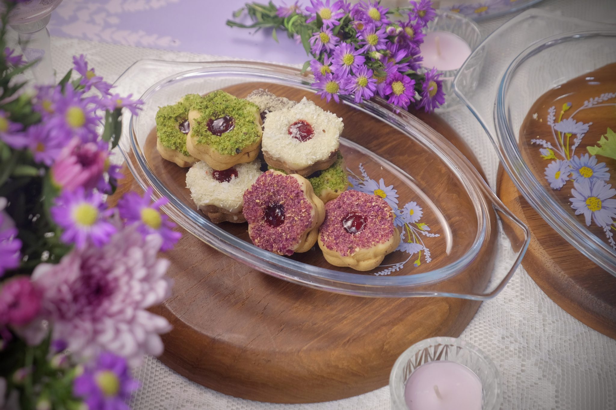 Ecolock High Borosilicate Glass Oval Baking Dish with Lid Set 4pcs - Purple Daisy