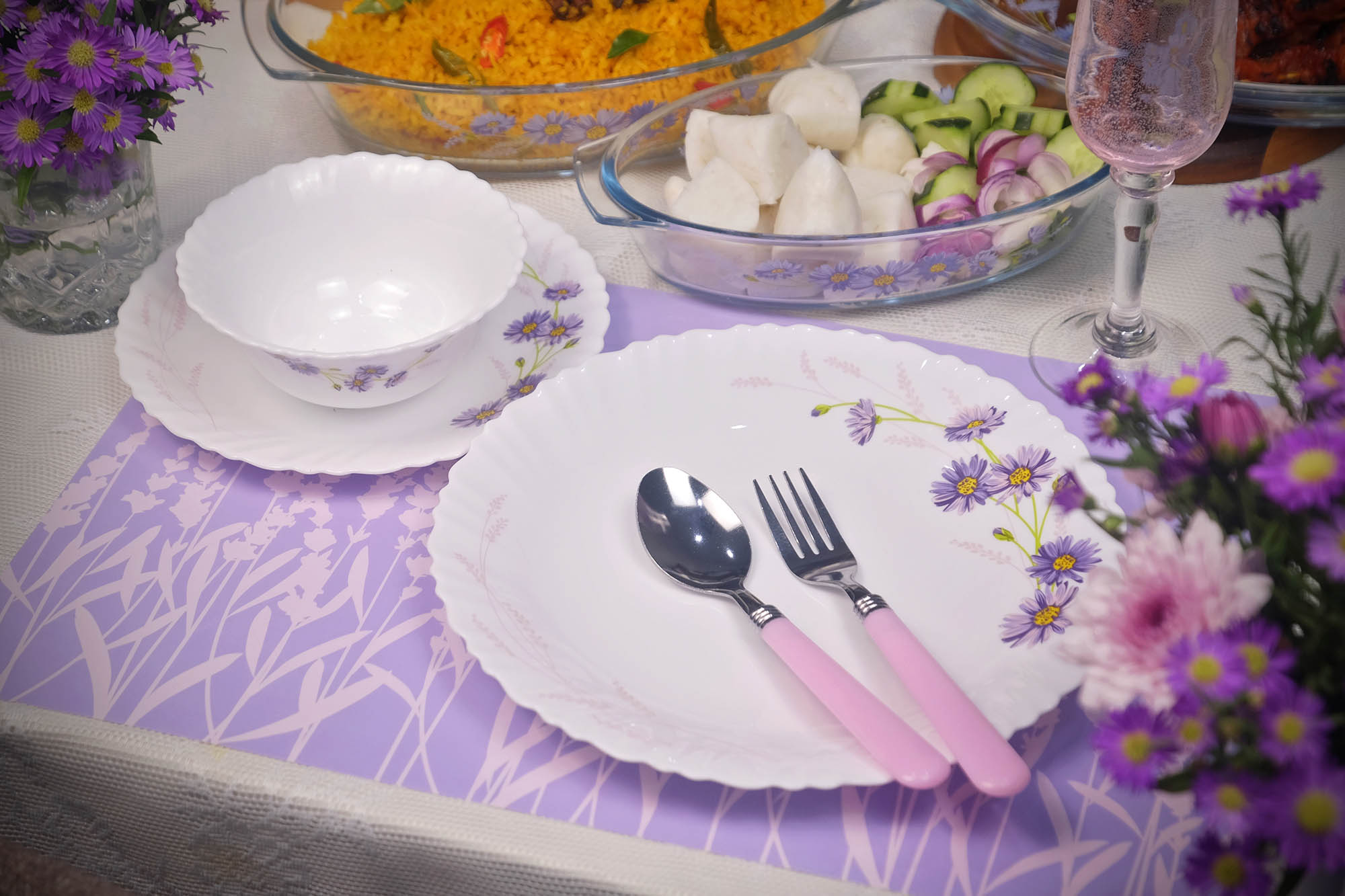Dinexe Opal Glass Dinnerware Set 24pcs - Wavy Purple Daisy