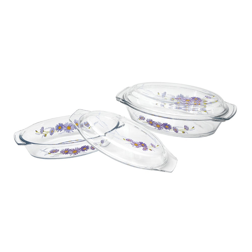 Ecolock High Borosilicate Glass Oval Baking Dish with Lid Set 4pcs - Purple Daisy