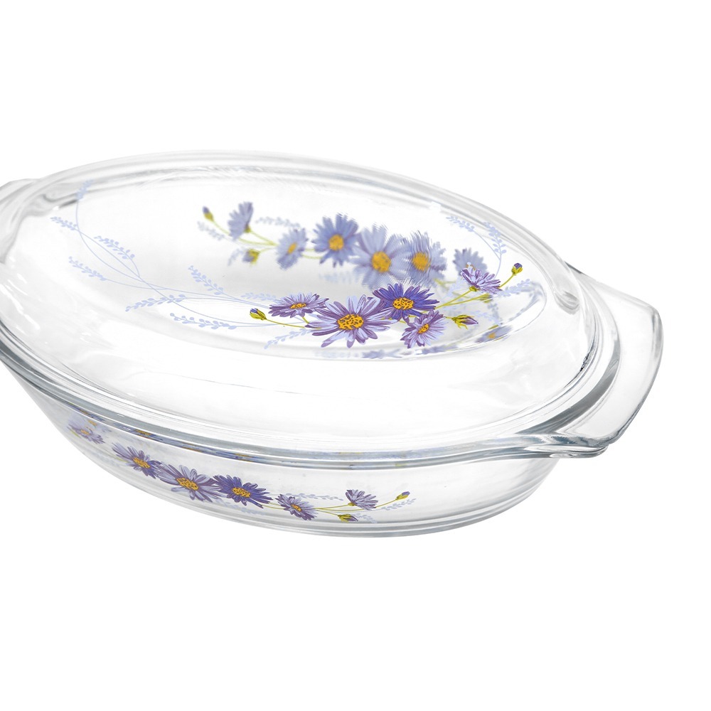 Ecolock High Borosilicate Glass Oval Baking Dish with Lid Set 4pcs - Purple Daisy