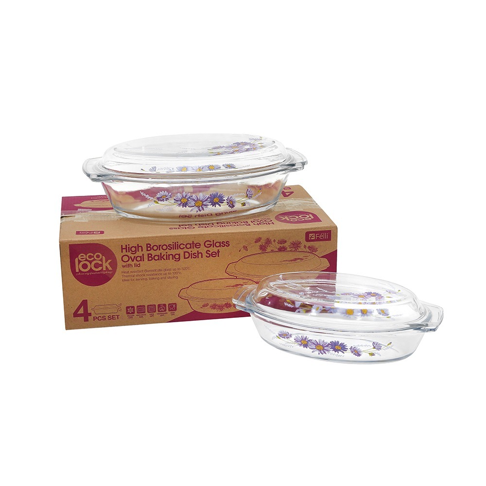 Ecolock High Borosilicate Glass Oval Baking Dish with Lid Set 4pcs - Purple Daisy