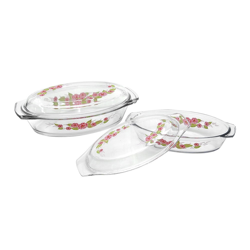 Ecolock High Borosilicate Glass Oval Baking Dish with Lid Set 4pcs - Camellia Bloom