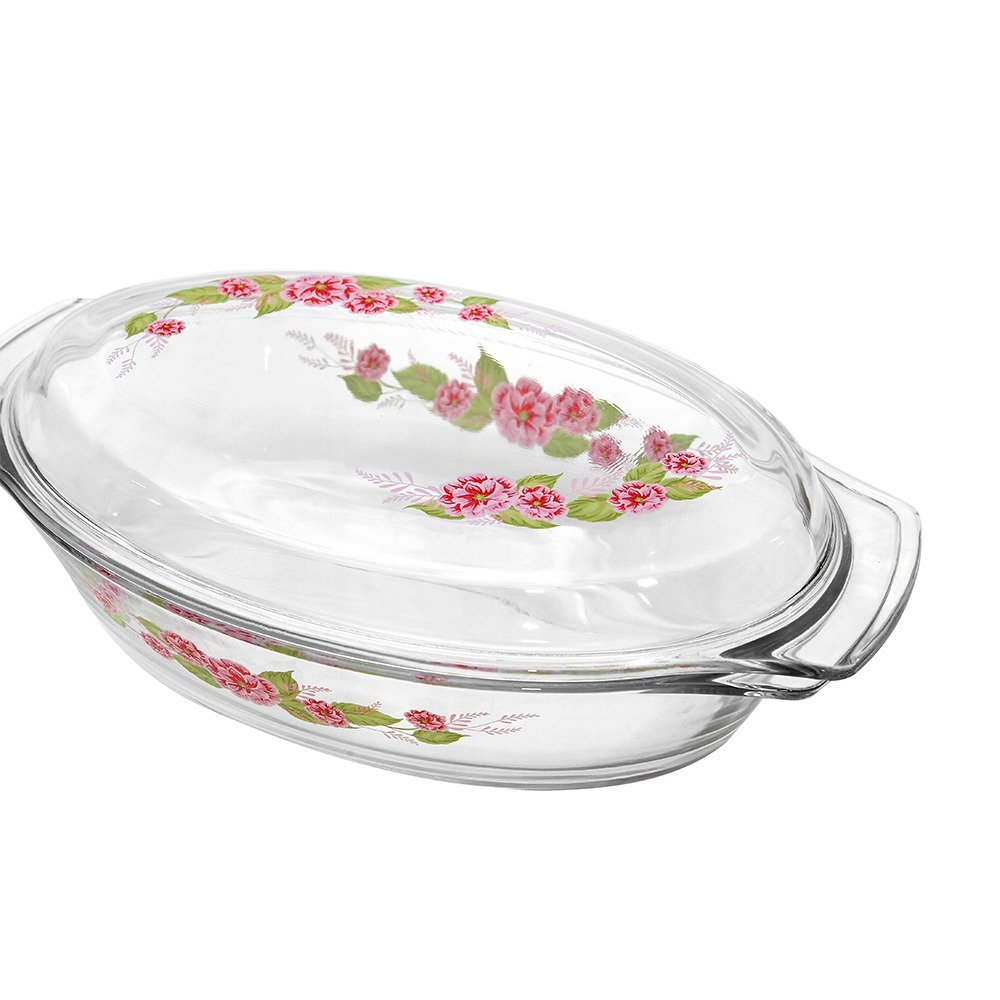 Ecolock High Borosilicate Glass Oval Baking Dish with Lid Set 4pcs - Camellia Bloom