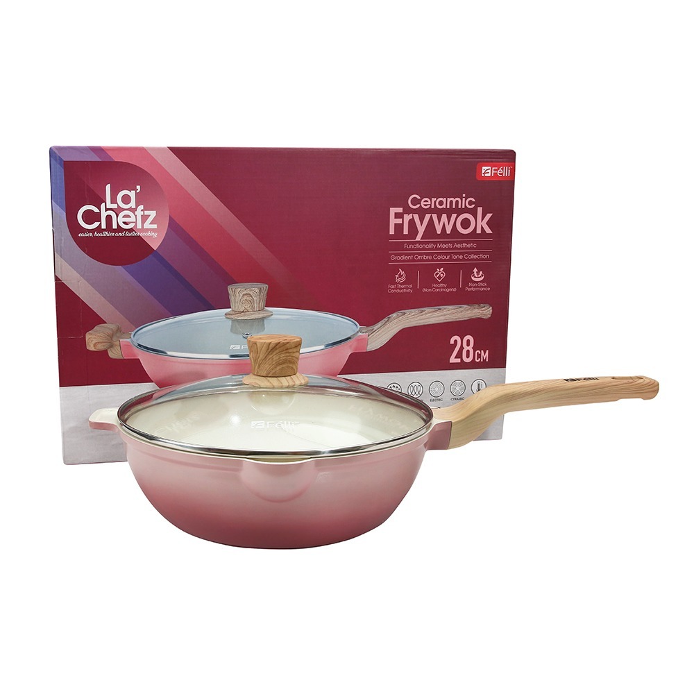 La' Chefz Ceramic Frywok With Lid 28cm - Cherry Pink