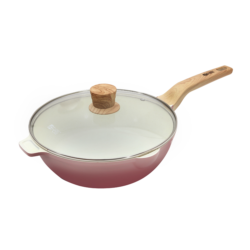 La' Chefz Ceramic Frywok With Lid 28cm - Cherry Pink