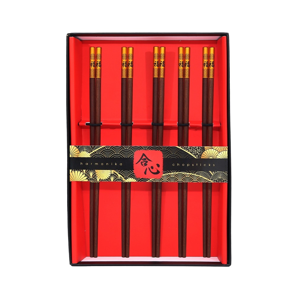 Harmonika Wooden Chopstick Set 5 Pairs - Gold Fortune