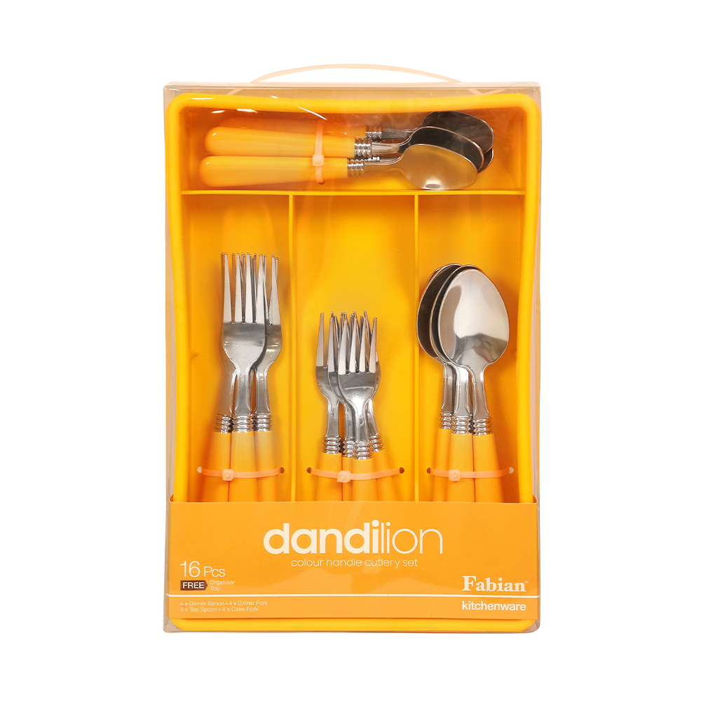 Colour Handle Cutlery Set With Tray 16pcs - Dandilion Yellow