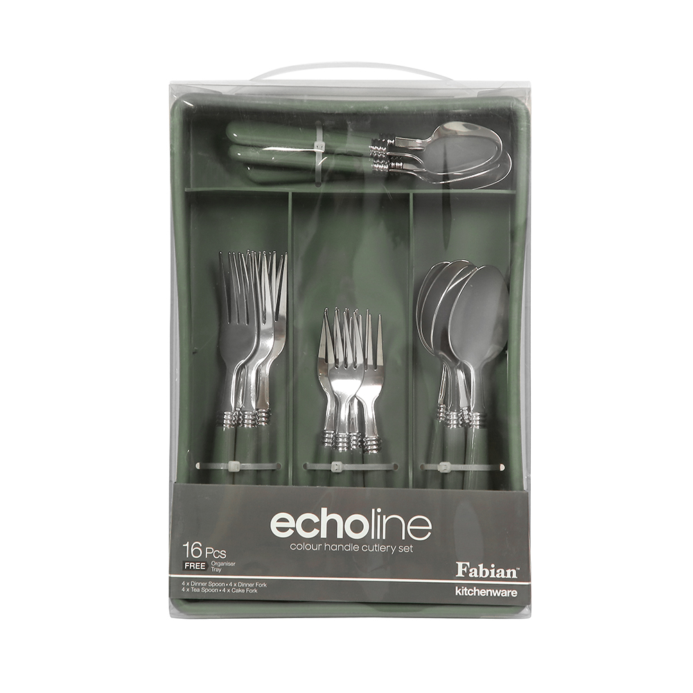 Colour Handle Cutlery Set With Tray 16pcs - Echoline Green