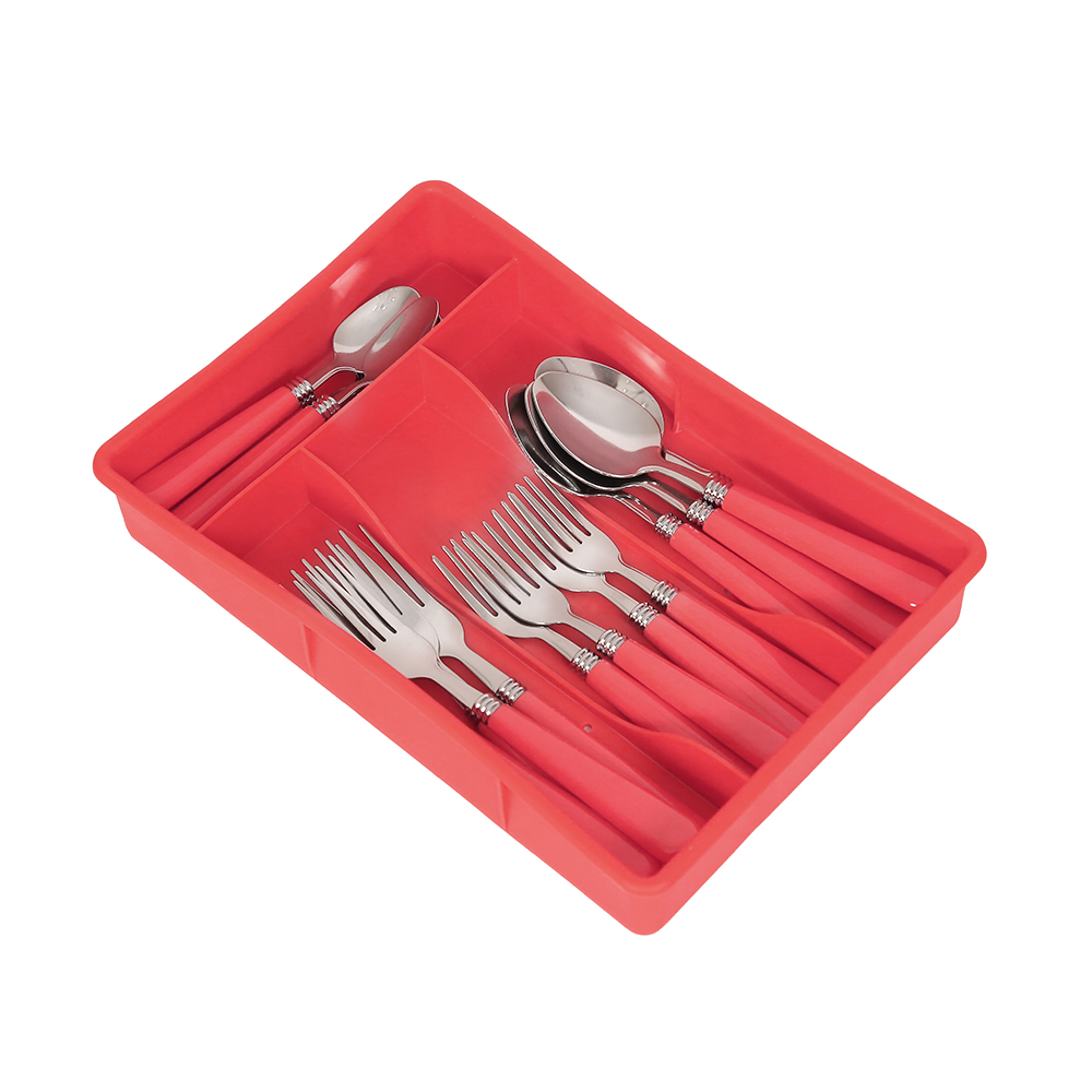 Colour Handle Cutlery Set With Tray 16pcs - Roselia Red