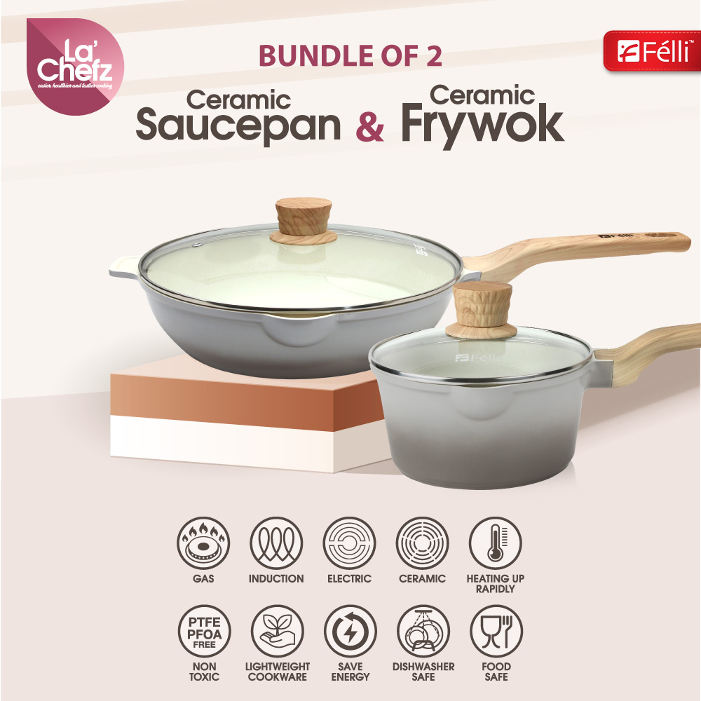 La' Chefz Ceramic Cookware Set (6 Pcs) [Saucepan 18cm+Frywok 28cm+Silicone Utensils] - Larva Grey (With Free Gift)