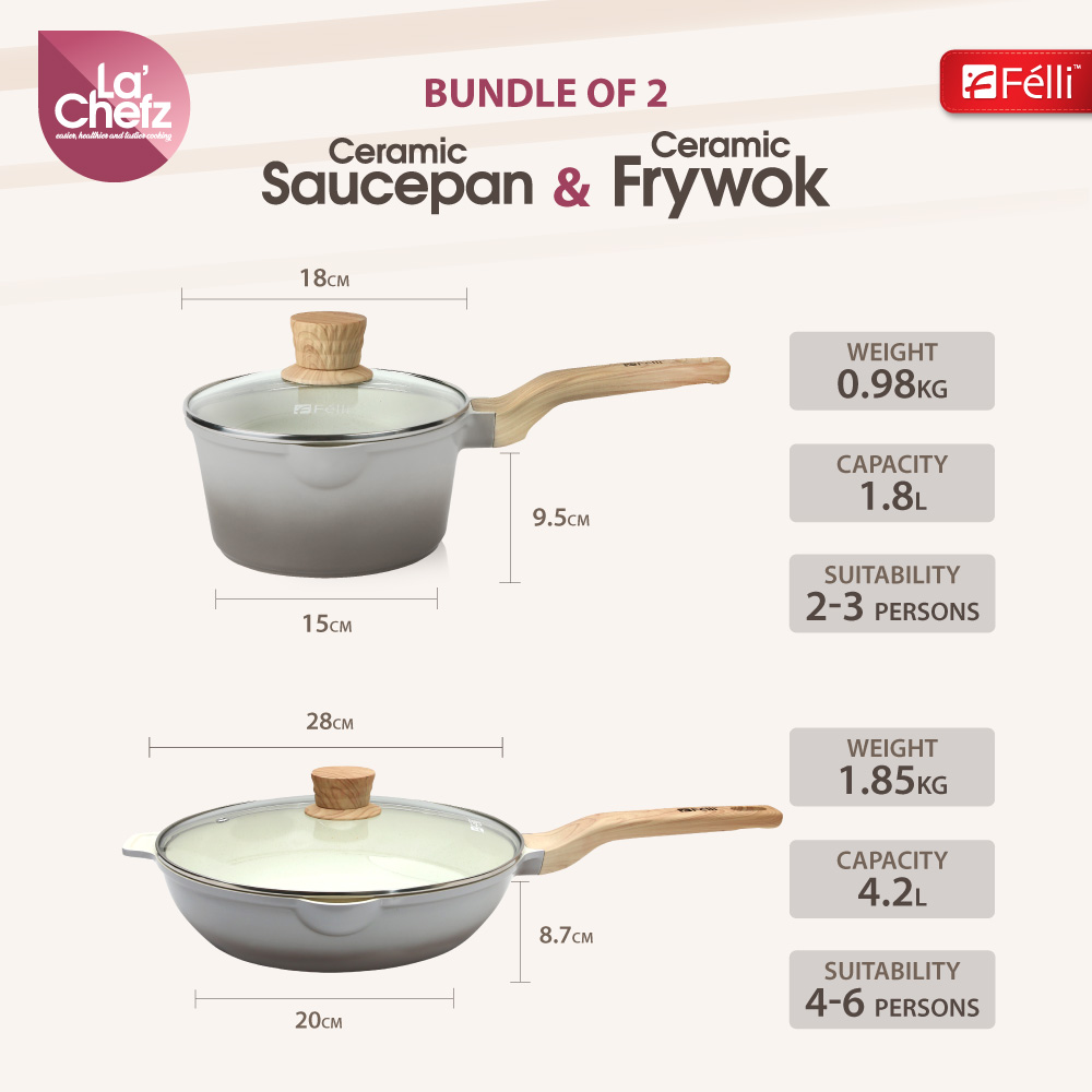La' Chefz Ceramic Cookware Set (6 Pcs) [Saucepan 18cm+Frywok 28cm+Silicone Utensils] - Larva Grey (With Free Gift)