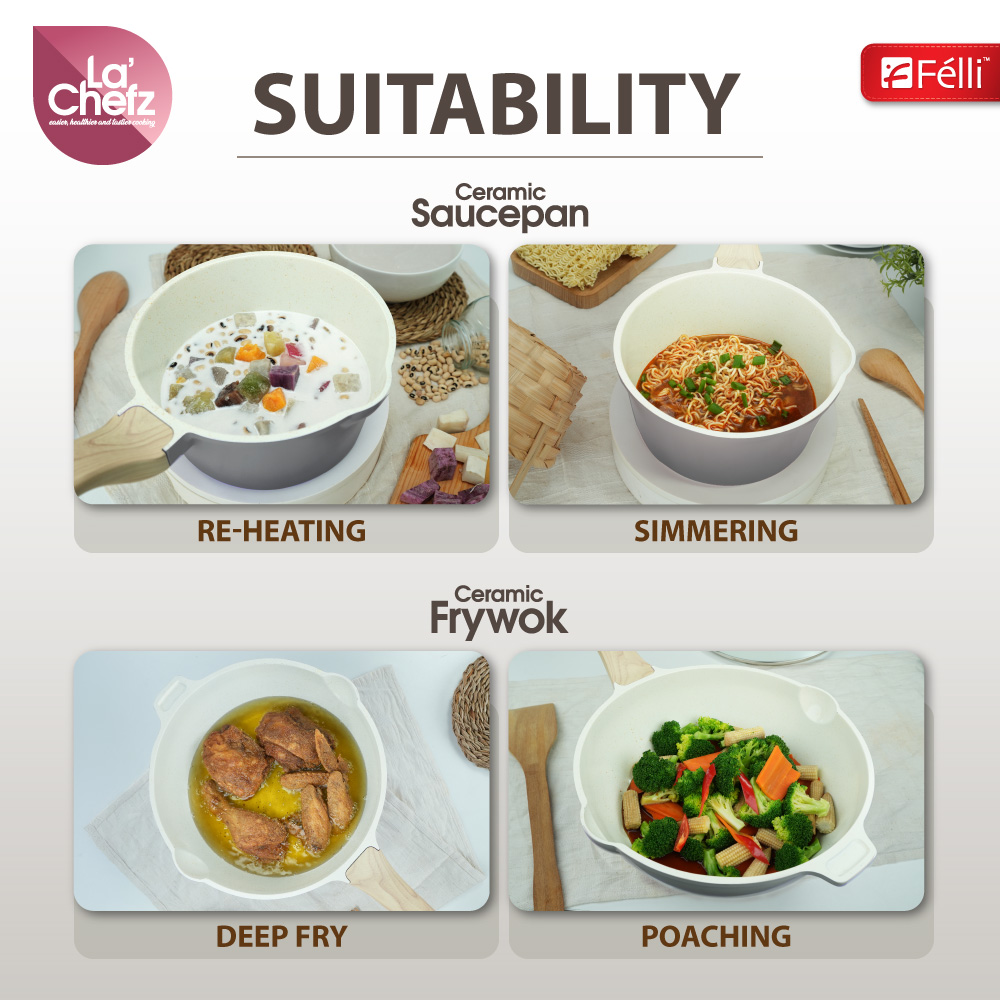 La' Chefz Ceramic Cookware Set (6 Pcs) [Saucepan 18cm+Frywok 28cm+Silicone Utensils] - Larva Grey (With Free Gift)