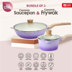 La' Chefz Ceramic Cookware Set (6 Pcs) [Saucepan 18cm+Frywok 28cm+Silicone Utensils] - Indigo Purple (With Free Gift)