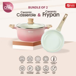 La' Chefz Ceramic Cookware Set (5 Pcs) [Casserole 24cm+Frypan 24cm+Utensils) - Cherry Pink (With Free Gift)