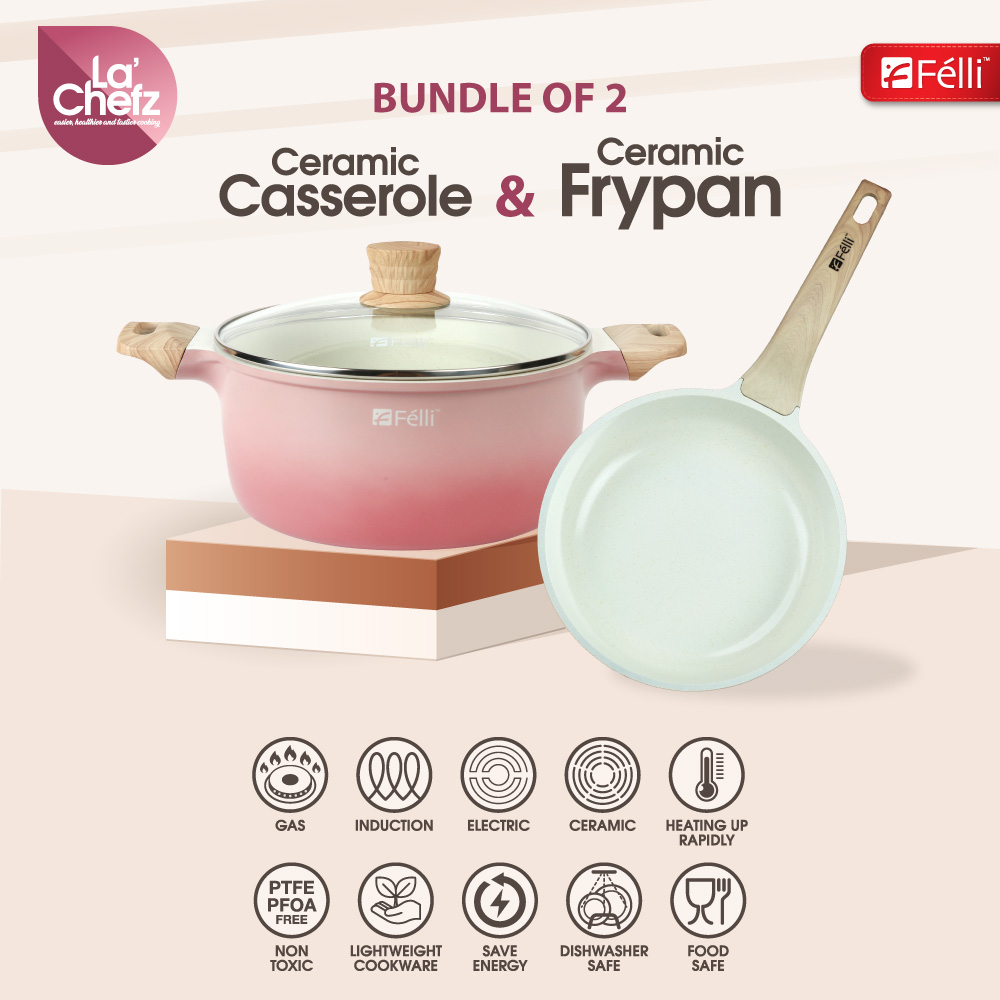 La' Chefz Ceramic Cookware Set (5 Pcs) [Casserole 24cm+Frypan 24cm+Utensils) - Cherry Pink (With Free Gift)