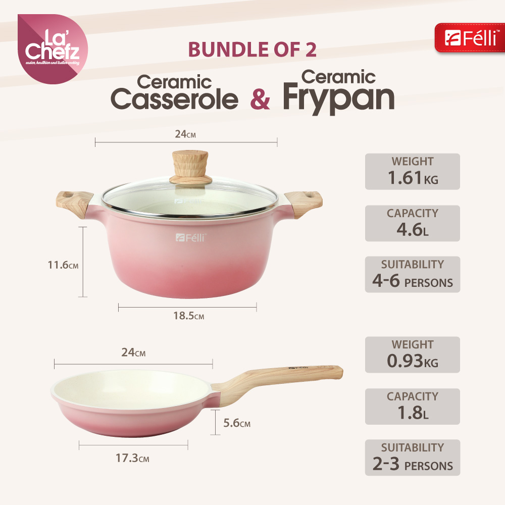 La' Chefz Ceramic Cookware Set (5 Pcs) [Casserole 24cm+Frypan 24cm+Utensils) - Cherry Pink (With Free Gift)