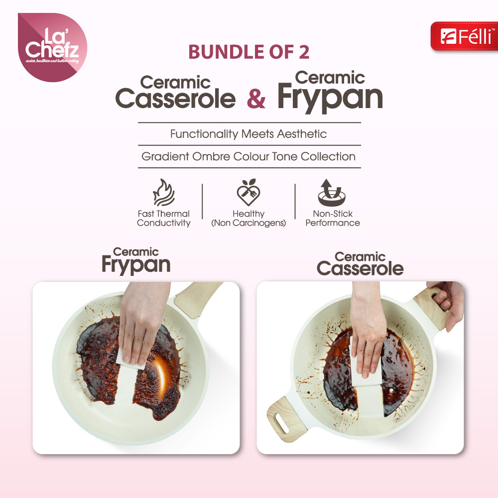 La' Chefz Ceramic Cookware Set (5 Pcs) [Casserole 24cm+Frypan 24cm+Utensils) - Cherry Pink (With Free Gift)