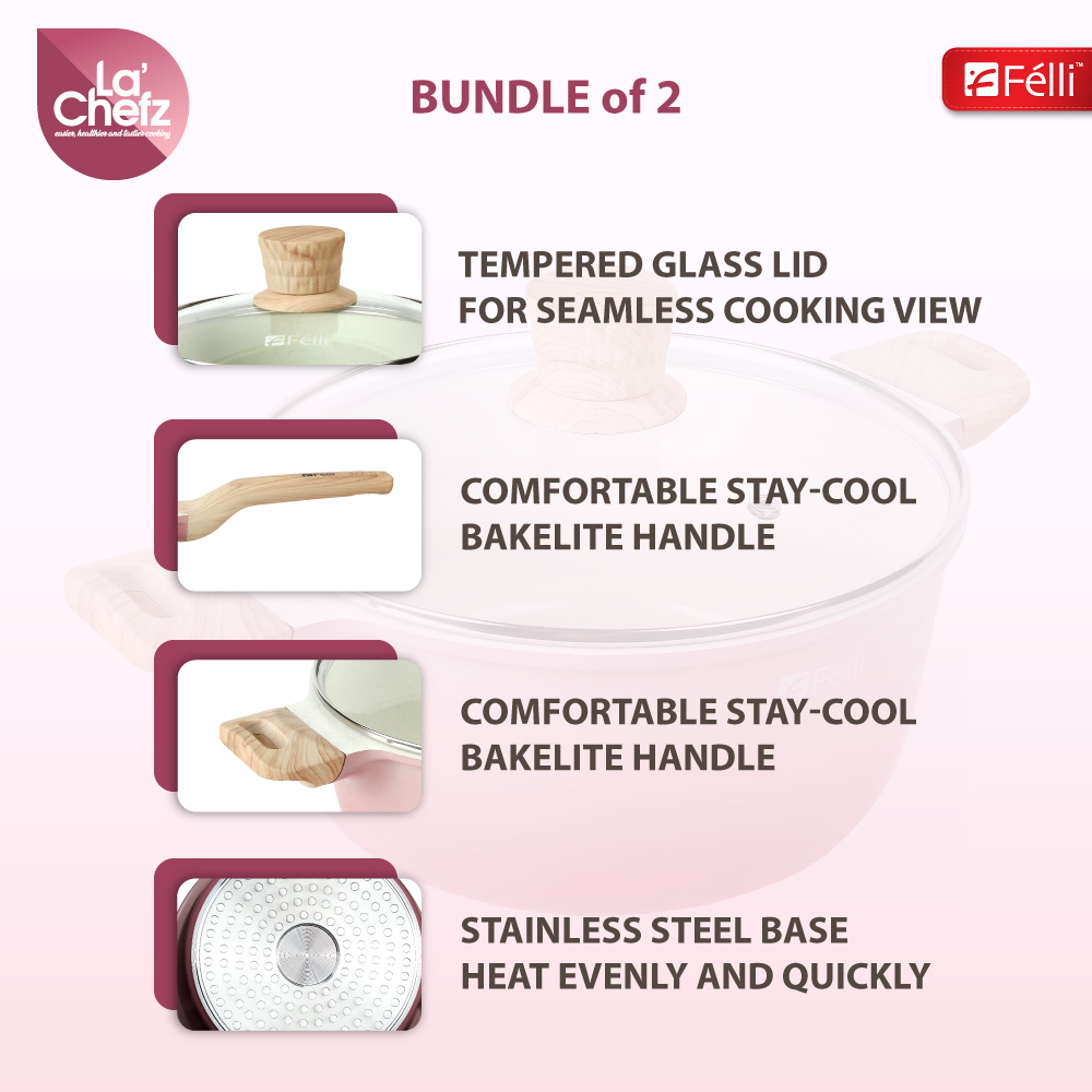 La' Chefz Ceramic Cookware Set (5 Pcs) [Casserole 24cm+Frypan 24cm+Utensils) - Cherry Pink (With Free Gift)