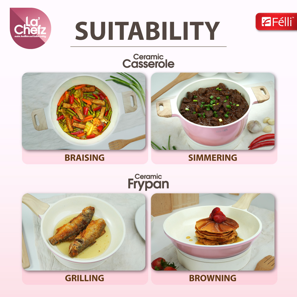 La' Chefz Ceramic Cookware Set (5 Pcs) [Casserole 24cm+Frypan 24cm+Utensils) - Cherry Pink (With Free Gift)