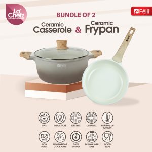 La' Chefz Ceramic Cookware Set (5 Pcs) [Casserole 24cm+Frypan 24cm+Utensils) - Larva Grey (With Free Gift)