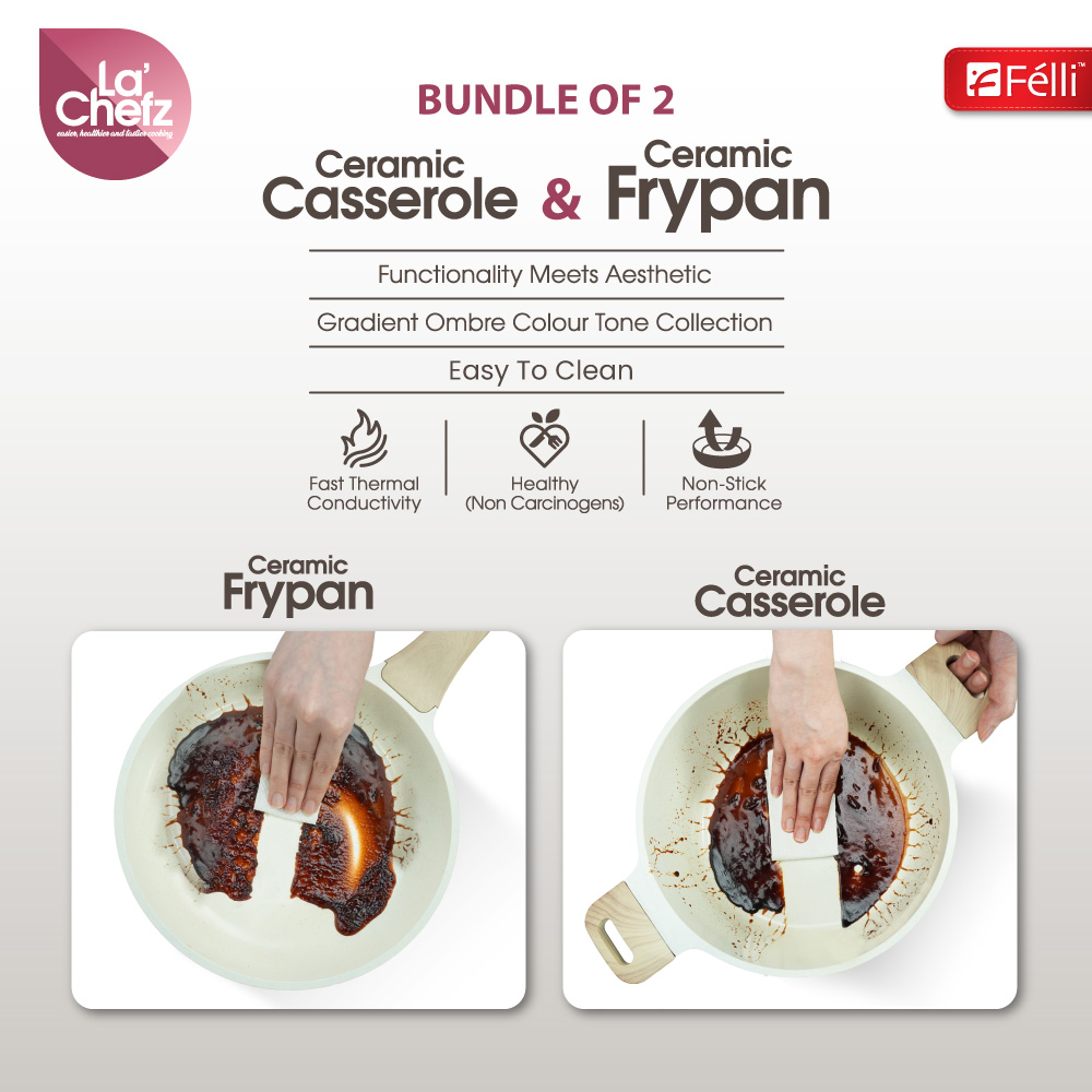 La' Chefz Ceramic Cookware Set (5 Pcs) [Casserole 24cm+Frypan 24cm+Utensils) - Larva Grey (With Free Gift)