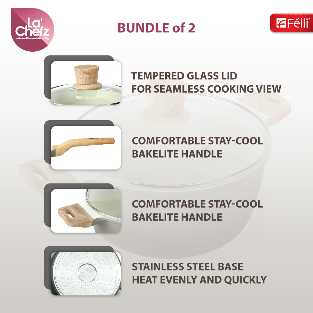 La' Chefz Ceramic Cookware Set (5 Pcs) [Casserole 24cm+Frypan 24cm+Utensils) - Larva Grey (With Free Gift)