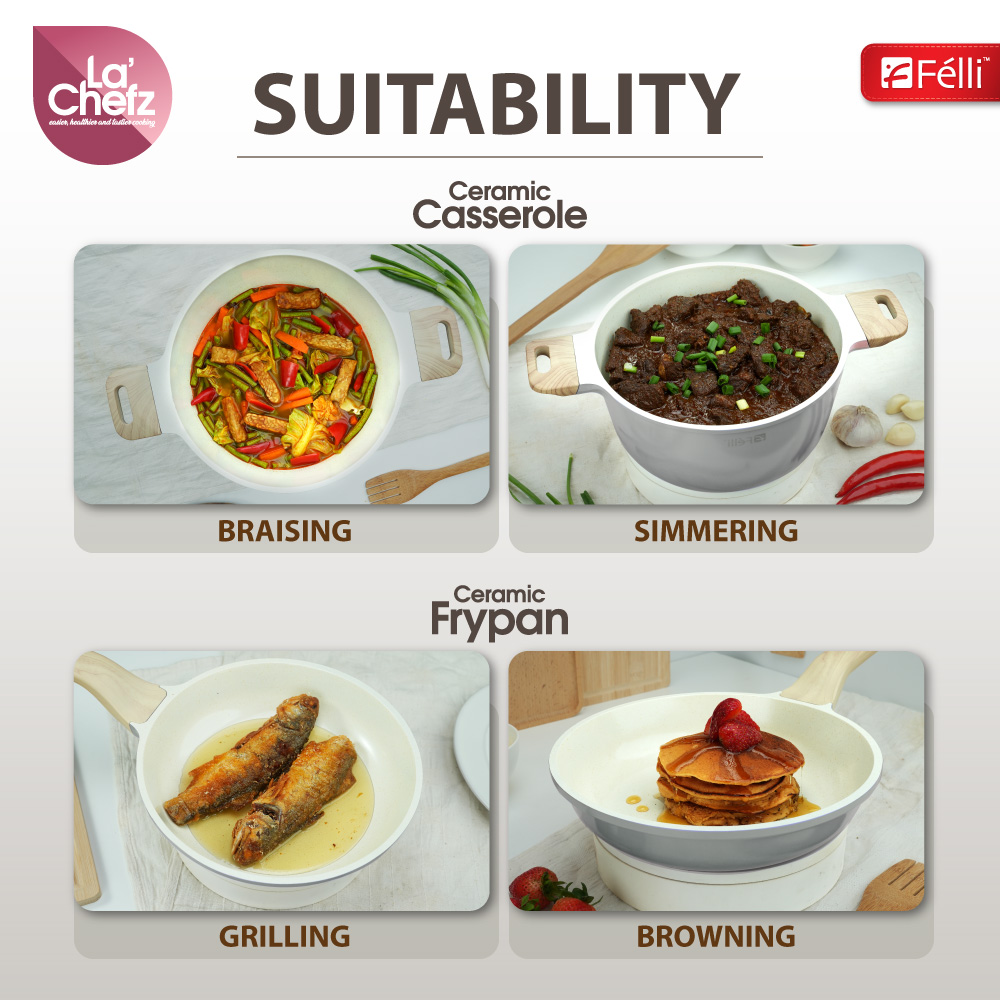 La' Chefz Ceramic Cookware Set (5 Pcs) [Casserole 24cm+Frypan 24cm+Utensils) - Larva Grey (With Free Gift)