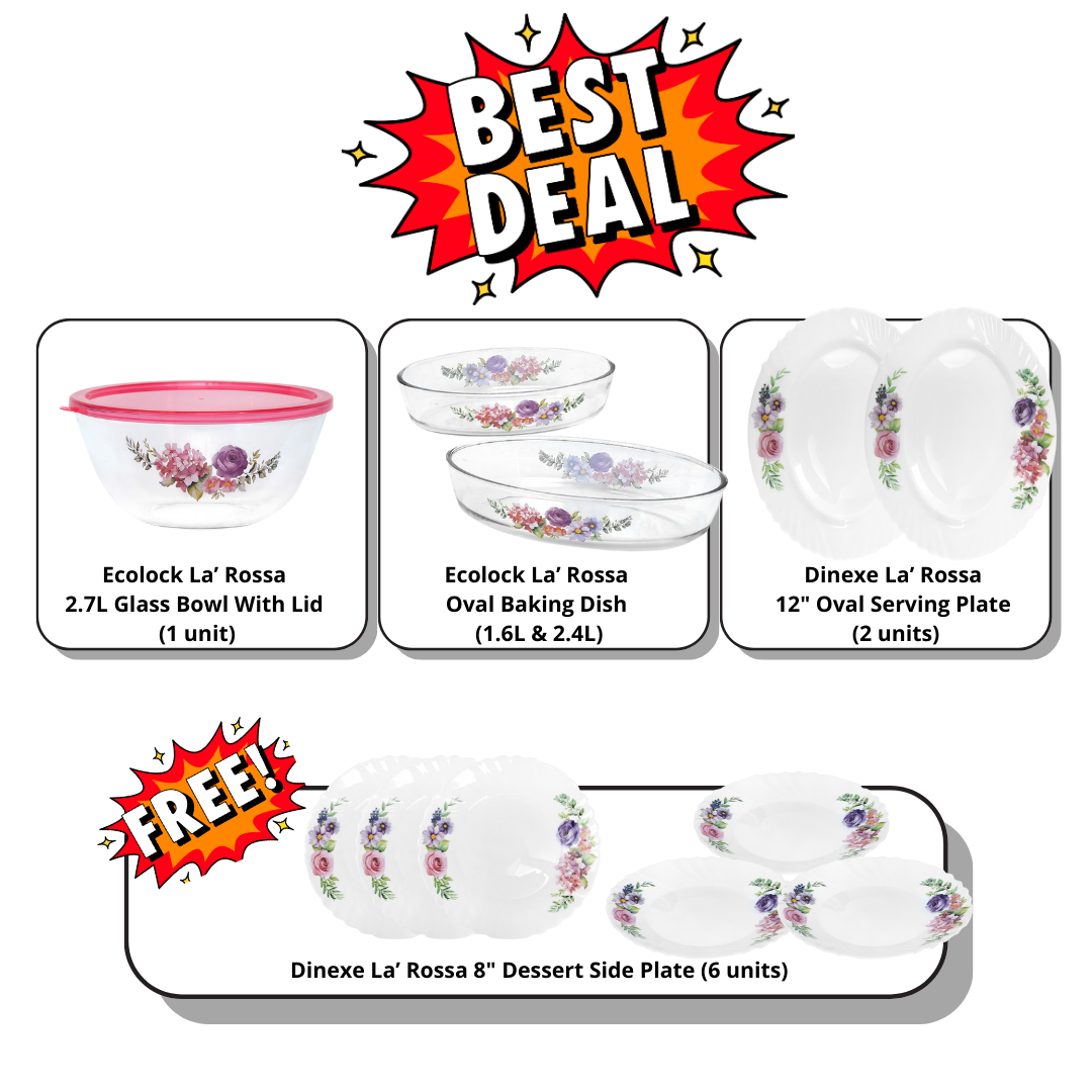 Ecolock High Borosilicate & Opal Glass Serveware Combo Set (5 Pcs) - La' Rossa (With Free Gift)