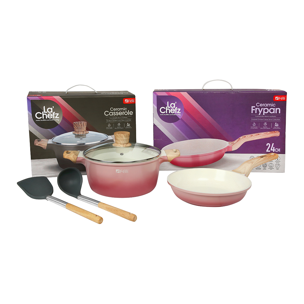 La' Chefz Ceramic Cookware Set (5 Pcs) [Casserole 24cm+Frypan 24cm+Utensils) - Cherry Pink (With Free Gift)