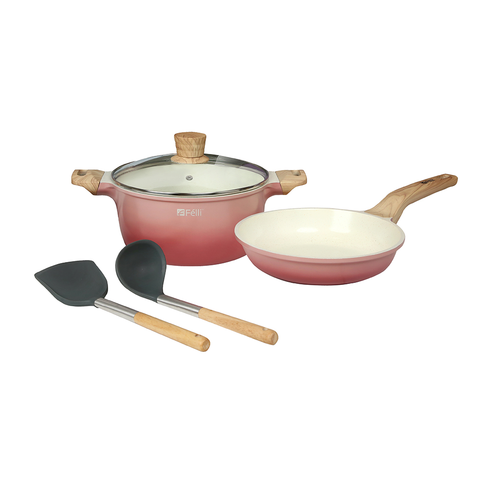 La' Chefz Ceramic Cookware Set (5 Pcs) [Casserole 24cm+Frypan 24cm+Utensils) - Cherry Pink (With Free Gift)