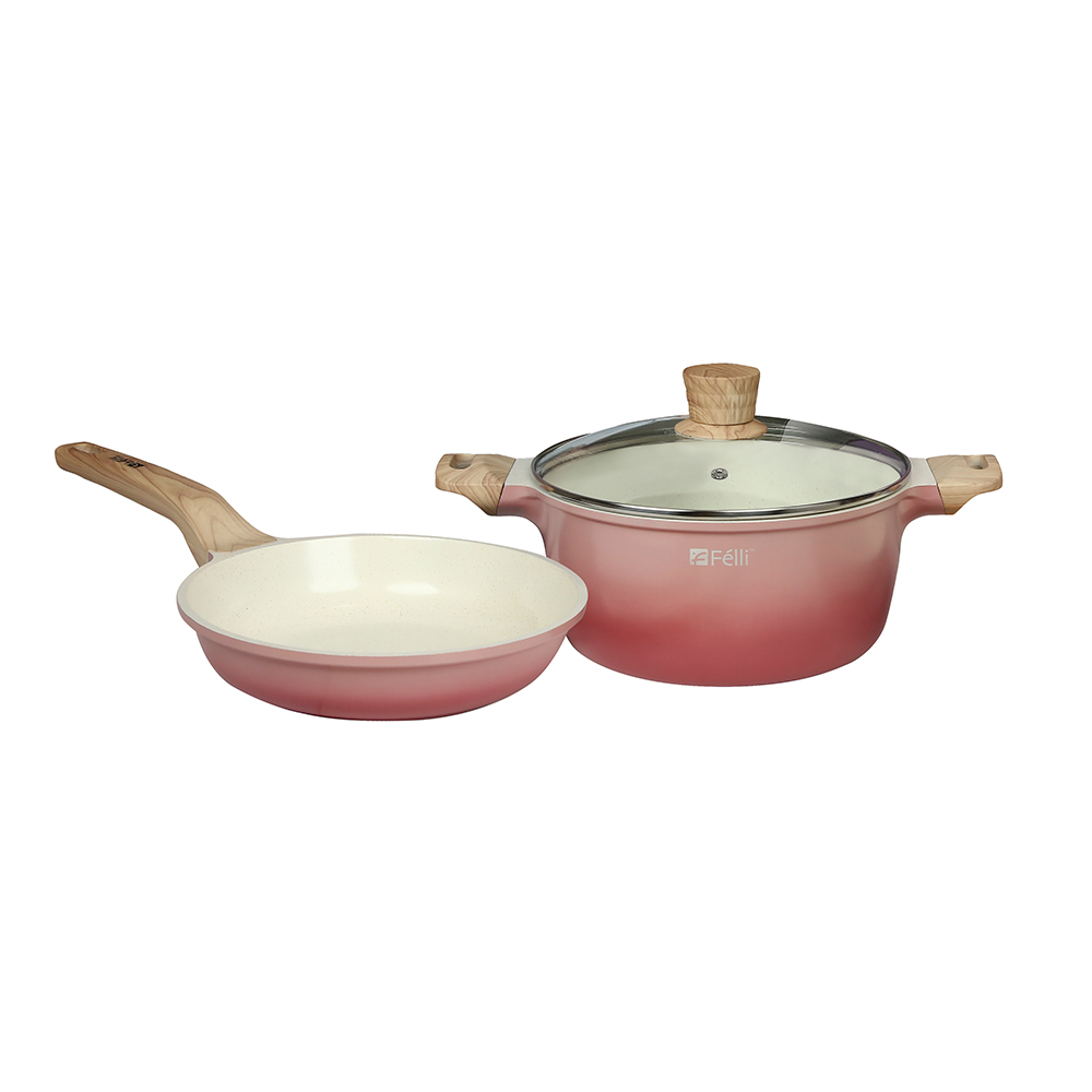 La' Chefz Ceramic Cookware Set (5 Pcs) [Casserole 24cm+Frypan 24cm+Utensils) - Cherry Pink (With Free Gift)
