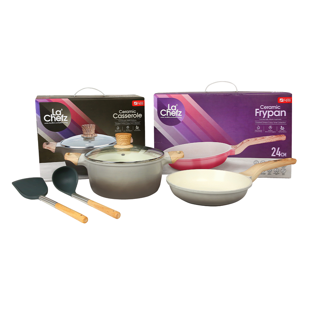 La' Chefz Ceramic Cookware Set (5 Pcs) [Casserole 24cm+Frypan 24cm+Utensils) - Larva Grey (With Free Gift)