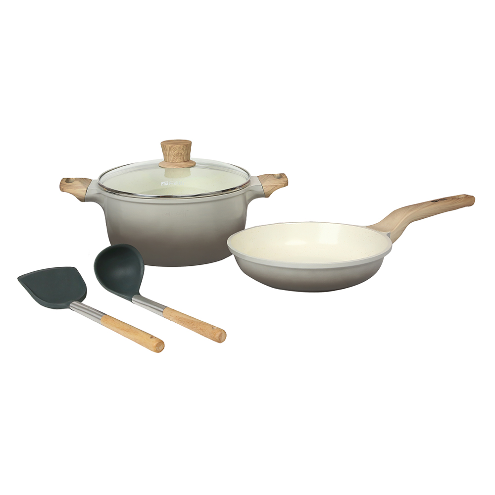 La' Chefz Ceramic Cookware Set (5 Pcs) [Casserole 24cm+Frypan 24cm+Utensils) - Larva Grey (With Free Gift)