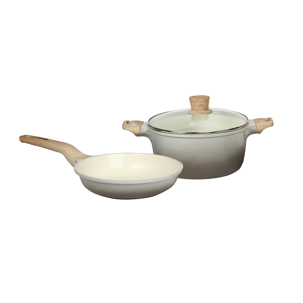 La' Chefz Ceramic Cookware Set (5 Pcs) [Casserole 24cm+Frypan 24cm+Utensils) - Larva Grey (With Free Gift)