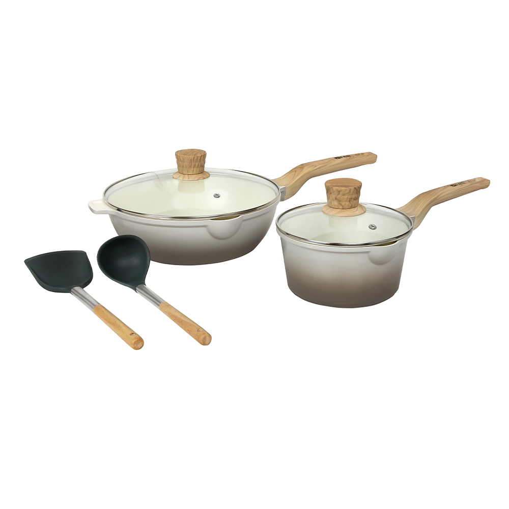 La' Chefz Ceramic Cookware Set (6 Pcs) [Saucepan 18cm+Frywok 28cm+Silicone Utensils] - Larva Grey (With Free Gift)