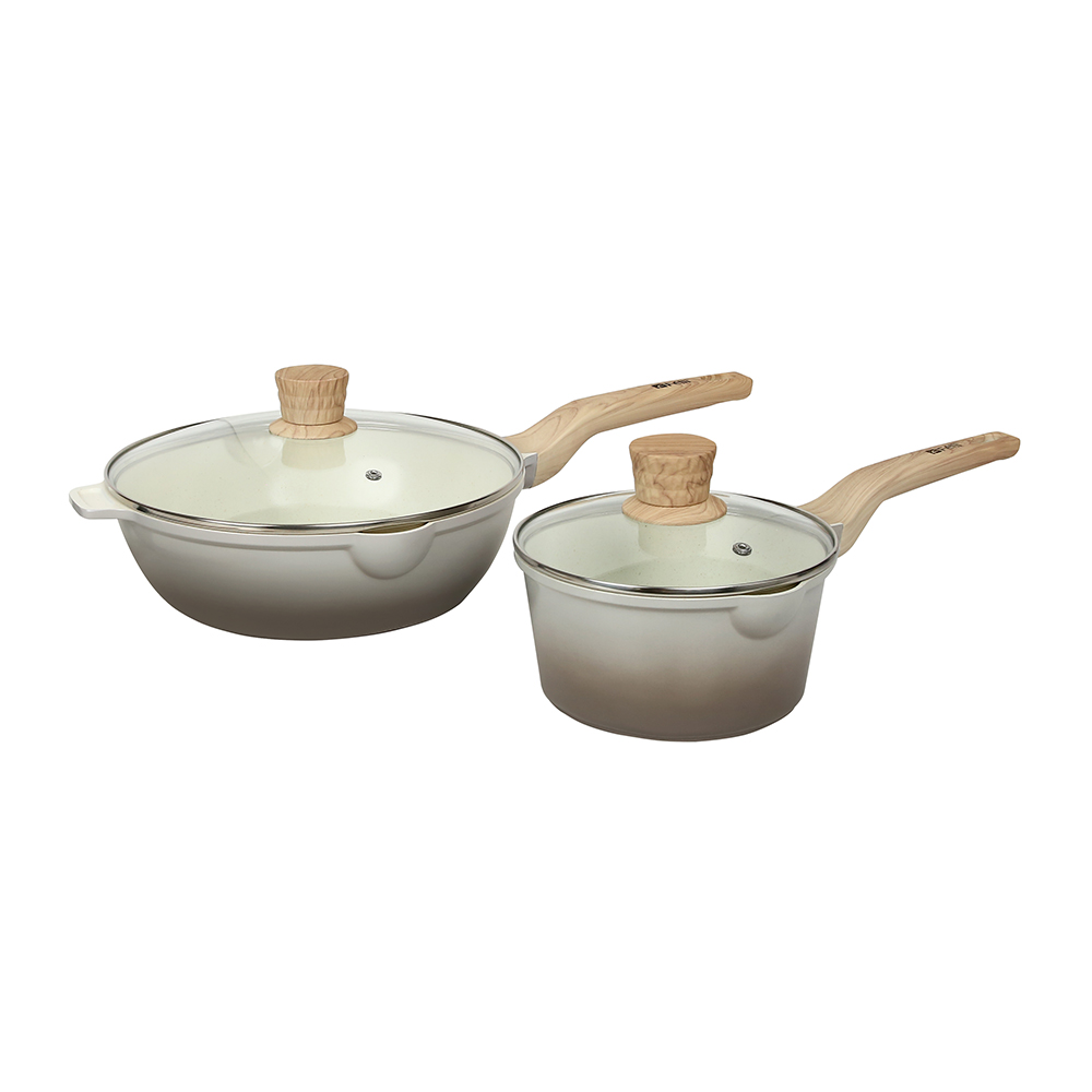 La' Chefz Ceramic Cookware Set (6 Pcs) [Saucepan 18cm+Frywok 28cm+Silicone Utensils] - Larva Grey (With Free Gift)