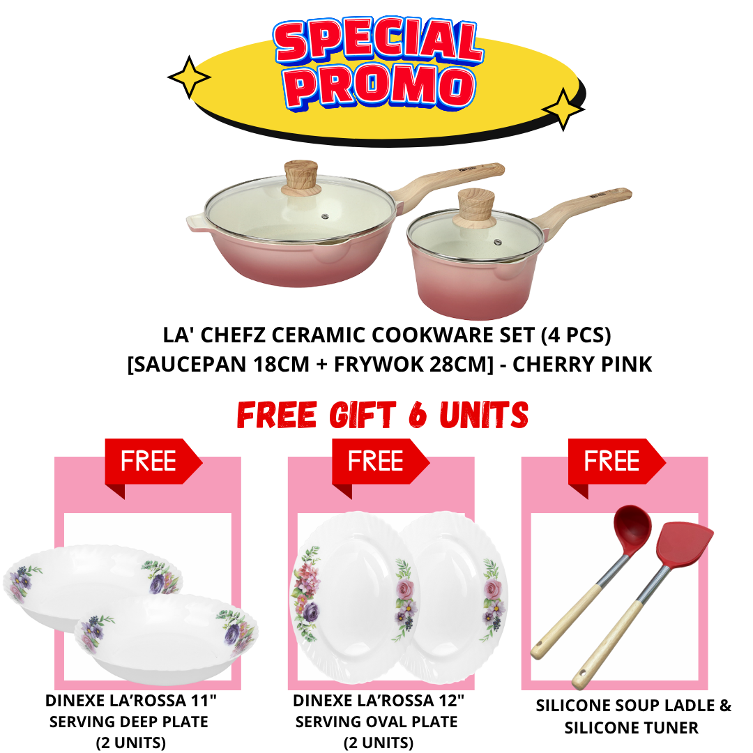La' Chefz Ceramic Set Cookware (4 Pcs) - Cherry Pink (With Free Gift)