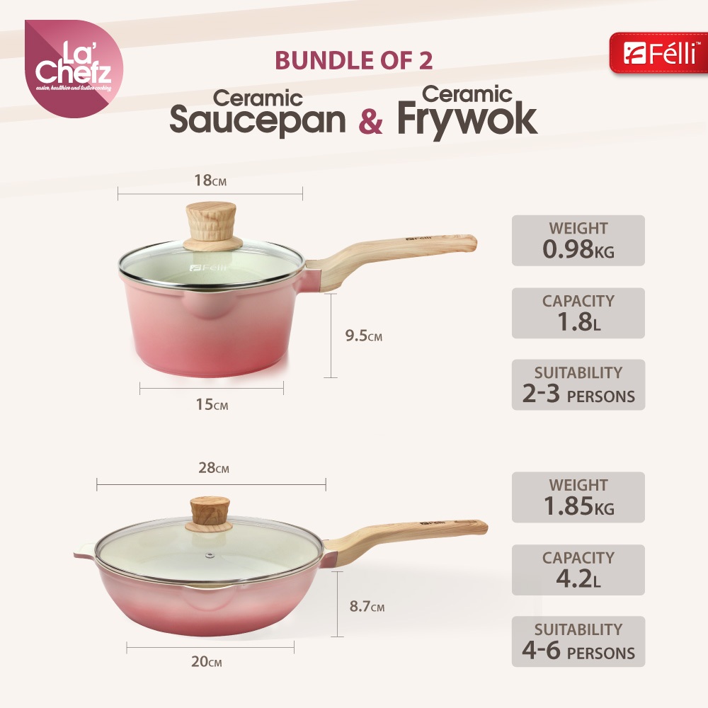 La' Chefz Ceramic Set Cookware (4 Pcs) - Cherry Pink (With Free Gift)
