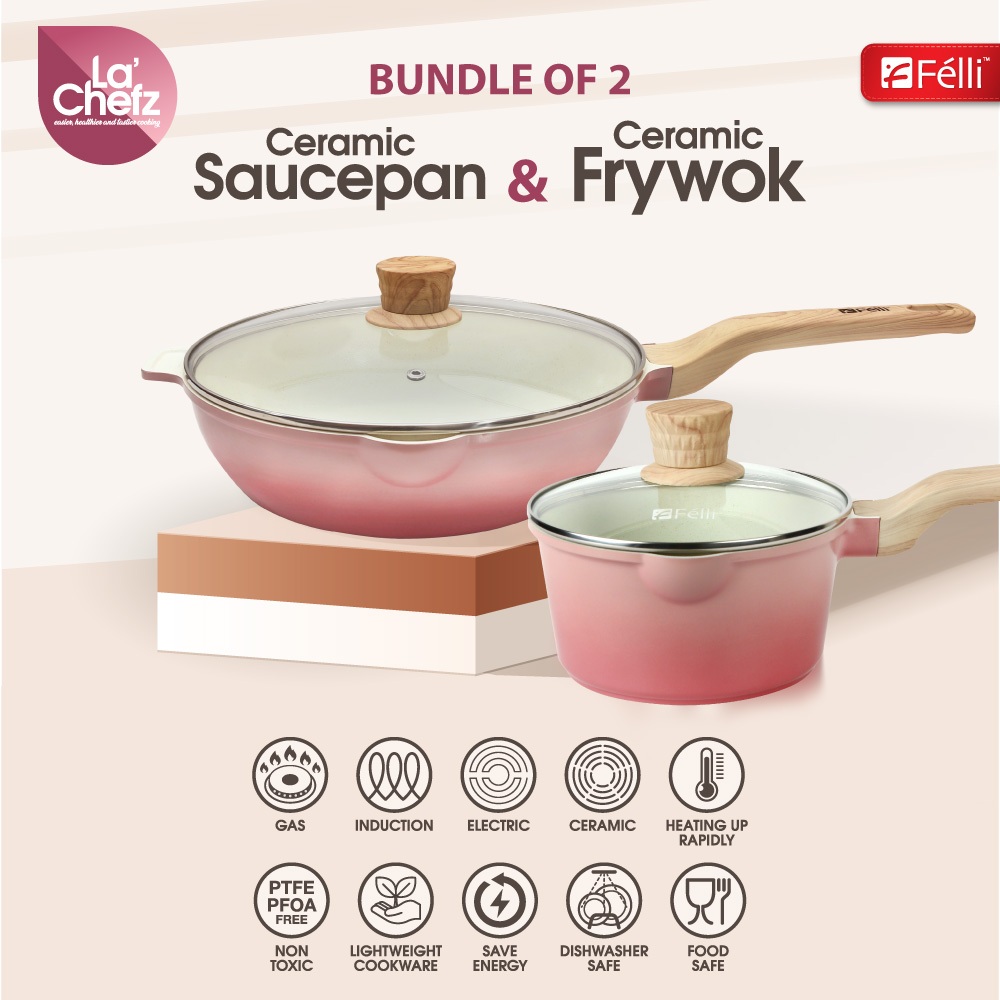 La' Chefz Ceramic Set Cookware (4 Pcs) - Cherry Pink (With Free Gift)