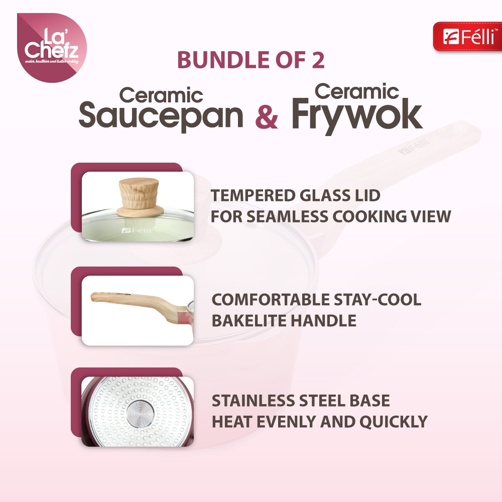 La' Chefz Ceramic Set Cookware (4 Pcs) - Cherry Pink (With Free Gift)
