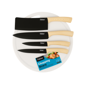 Fabian Kuro & Ki Knife With Round Chopping Board Set 5 Pcs - Light Brown