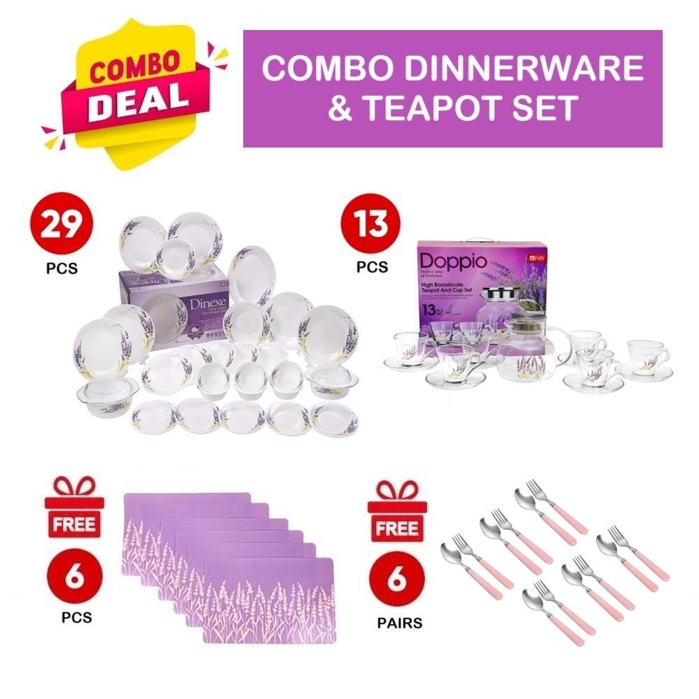 Dinexe Opal Glass Dinnerware Set 24pcs & Teapot Set 13pcs Combo - Lavender