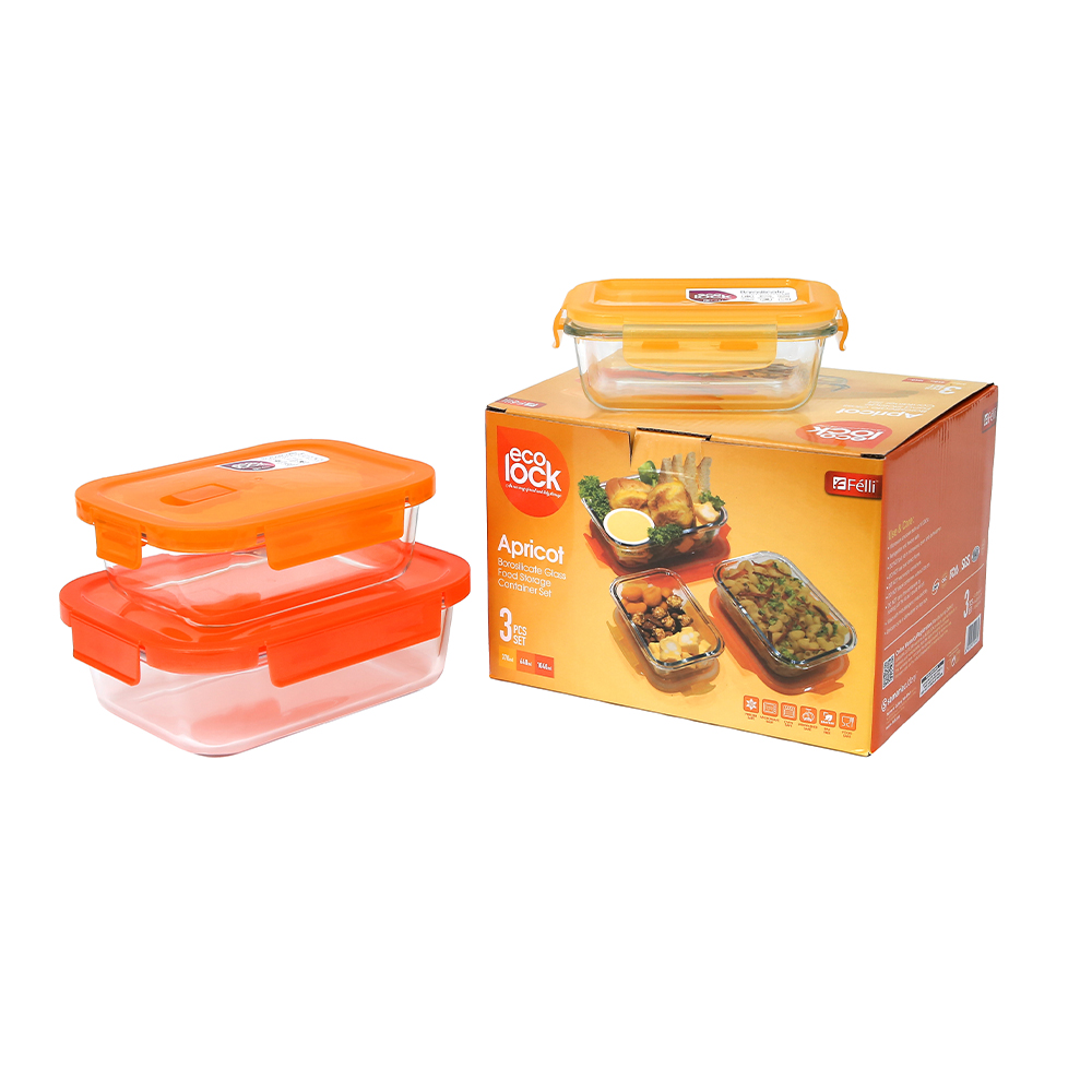 Ecolock Borosilicate Glass Food Storage Container Rectangle Set 3pcs - Apricot Orange